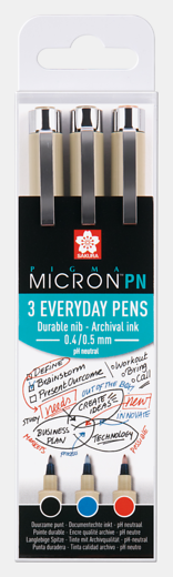 Pigma Micron PN 3 värvi (3 everyday pens) Must, sinine, punane